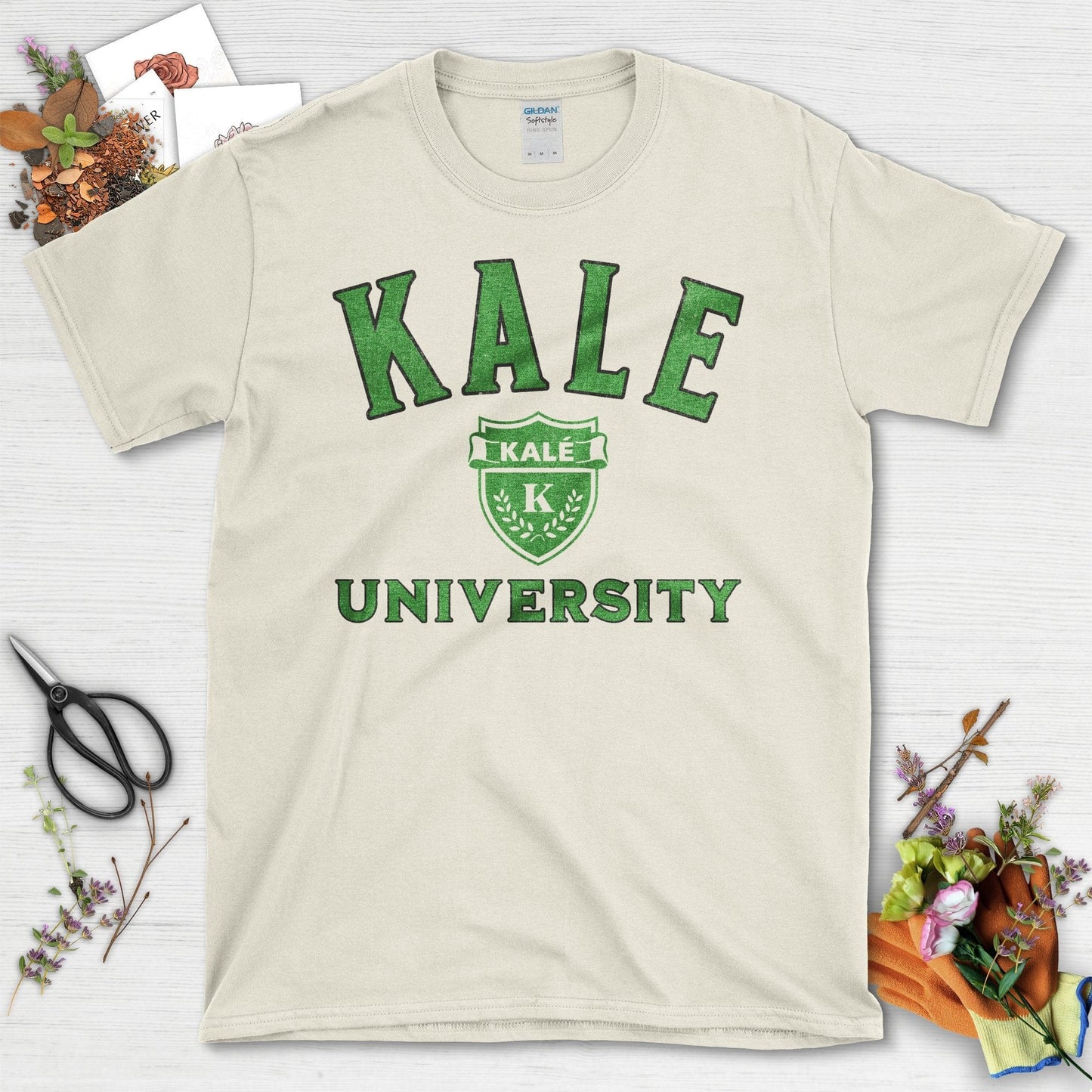 Kale University Logo Graphic Green Print T-Shirt Natural / S T-Shirt