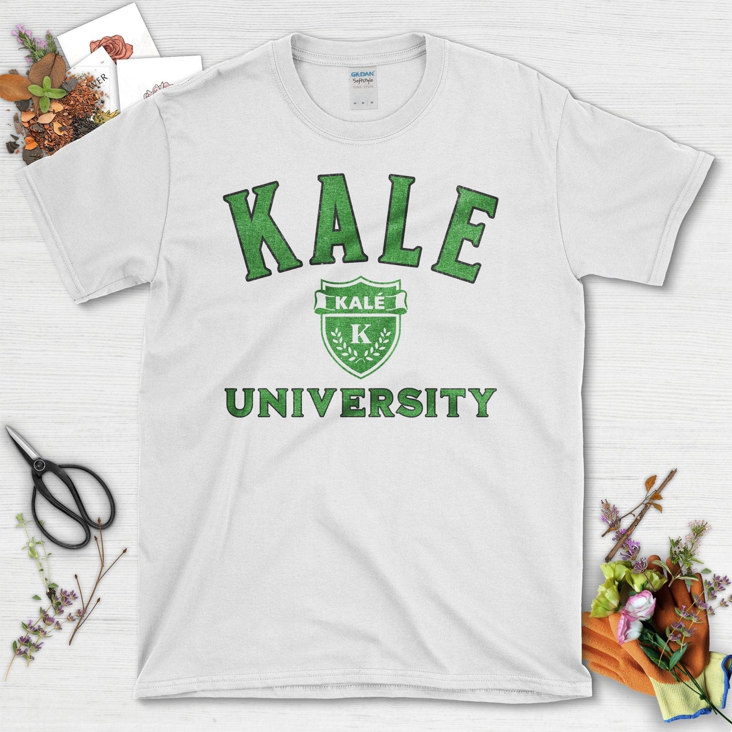 Kale University Logo Graphic Green Print T-Shirt White / S T-Shirt