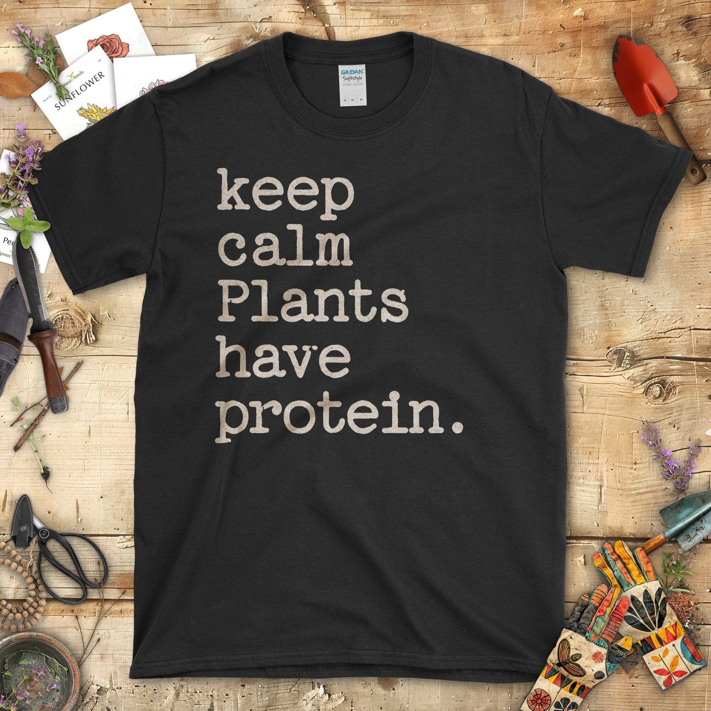 Keep Calm Plants Have Protein Motivational T-Shirt Black / S T-Shirt