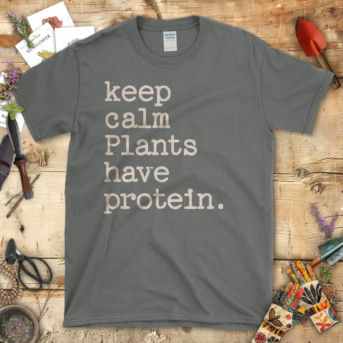 Keep Calm Plants Have Protein Motivational T-Shirt Charcoal / S T-Shirt