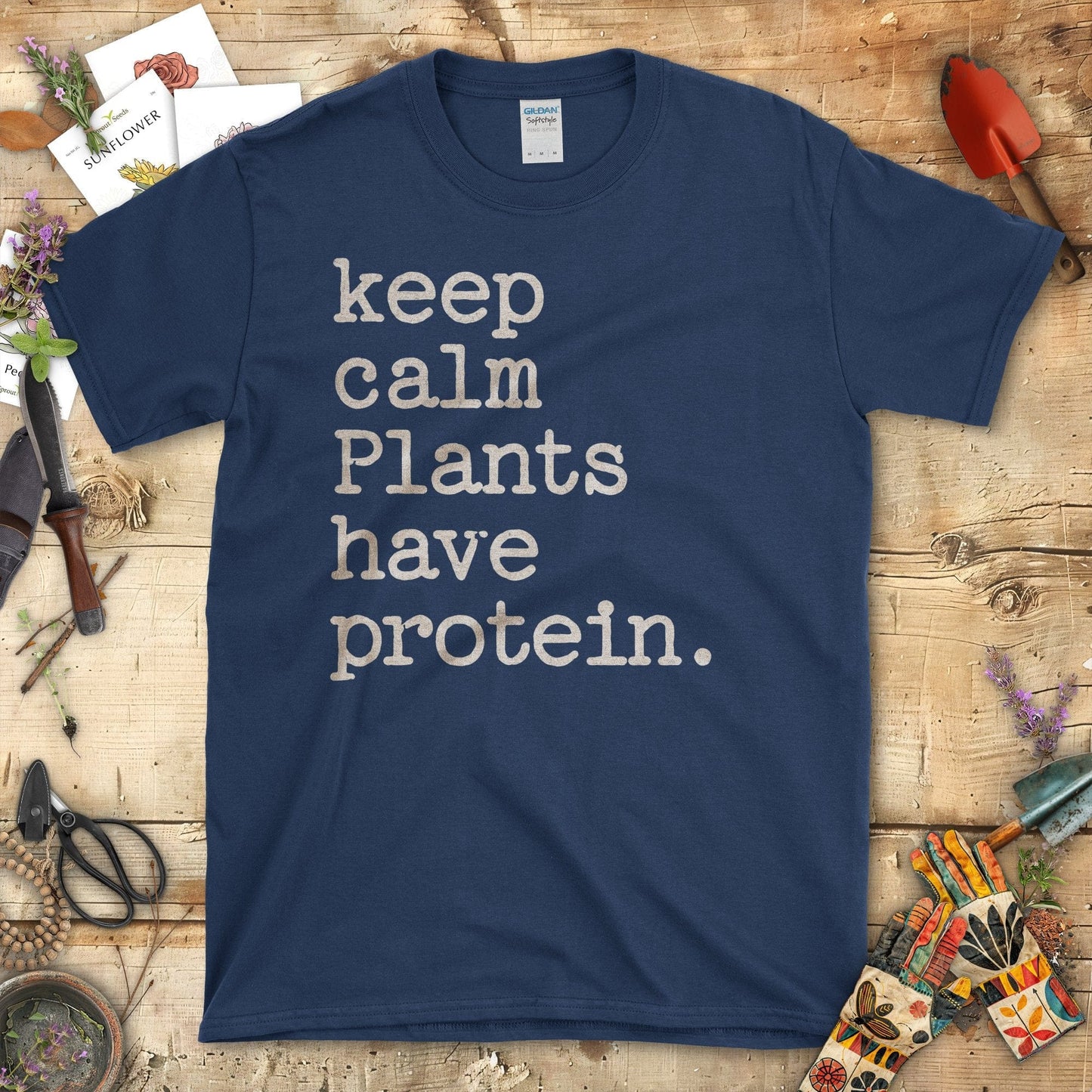 Keep Calm Plants Have Protein Motivational T-Shirt Navy / S T-Shirt