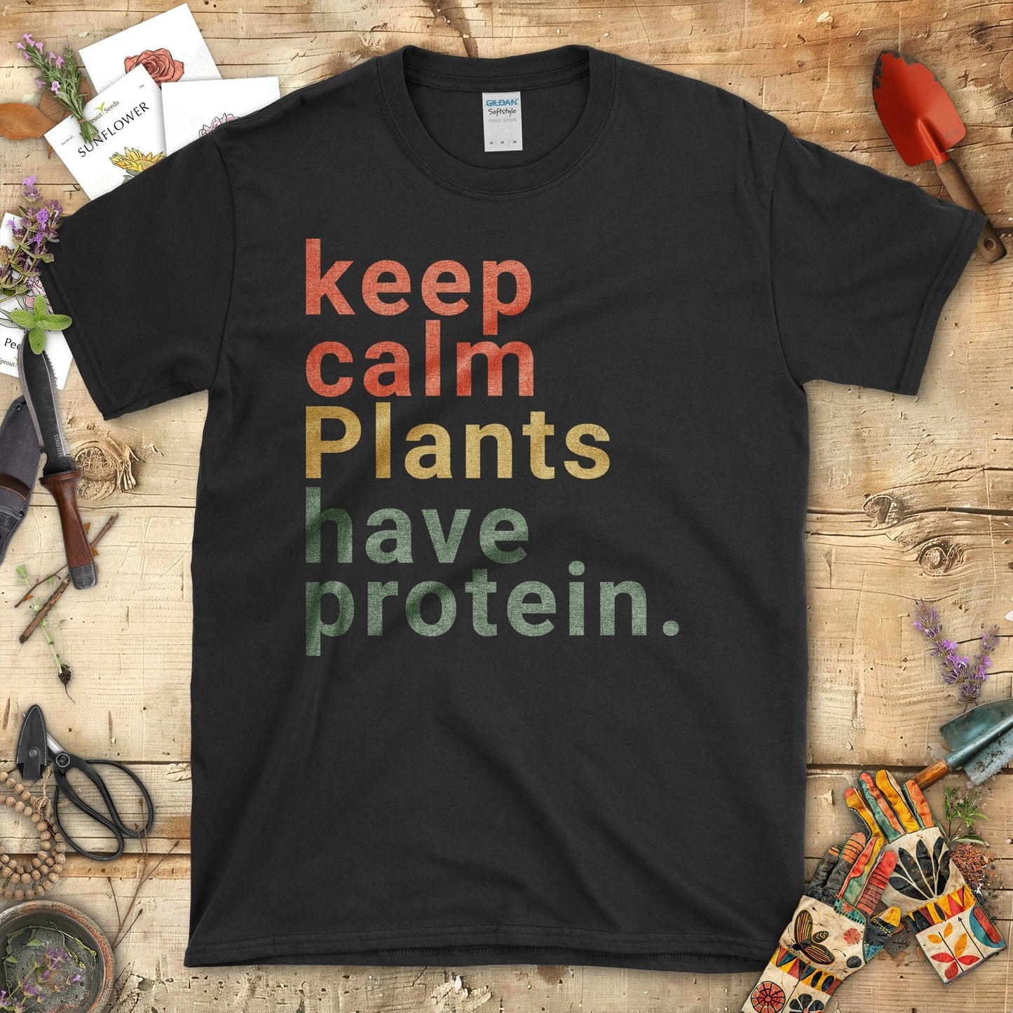 Keep Calm Plants Have Protein Printed T-Shirt Black / S T-Shirt