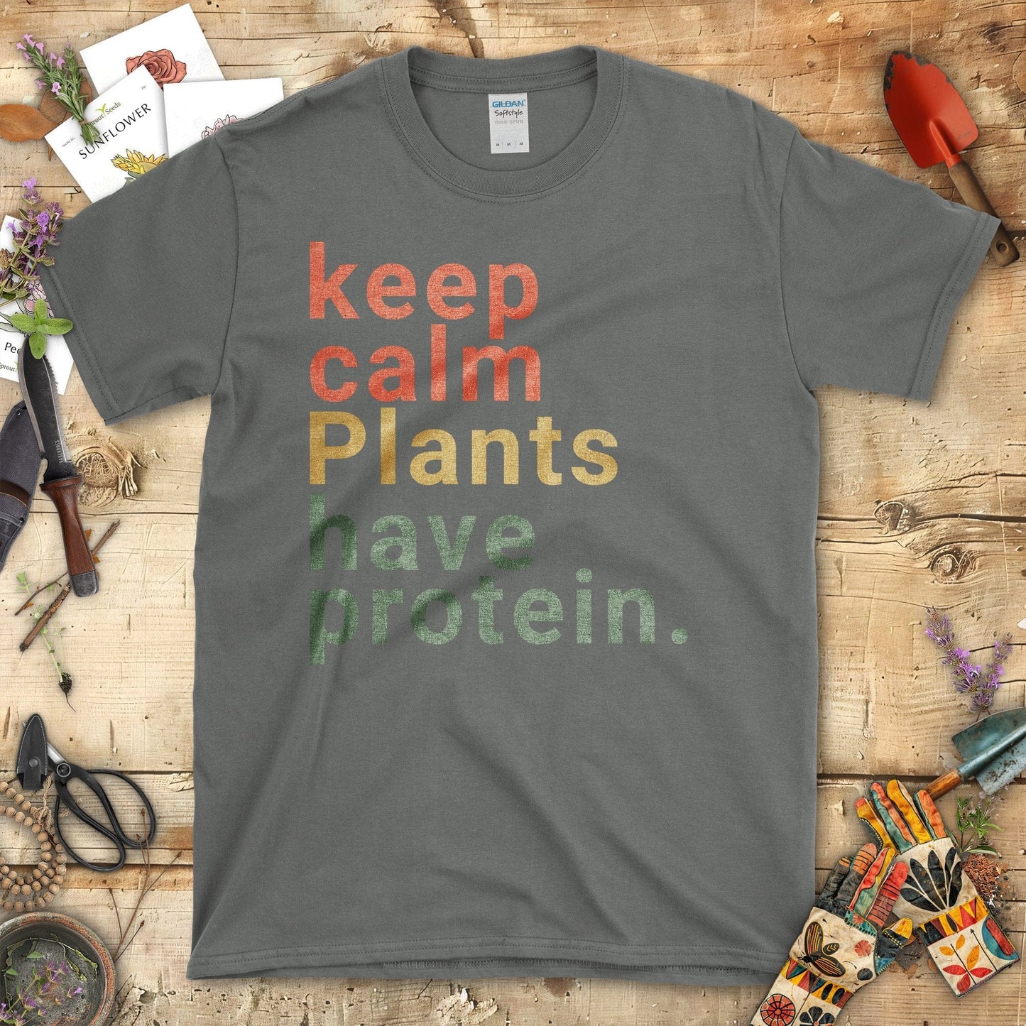 Keep Calm Plants Have Protein Printed T-Shirt Charcoal / S T-Shirt