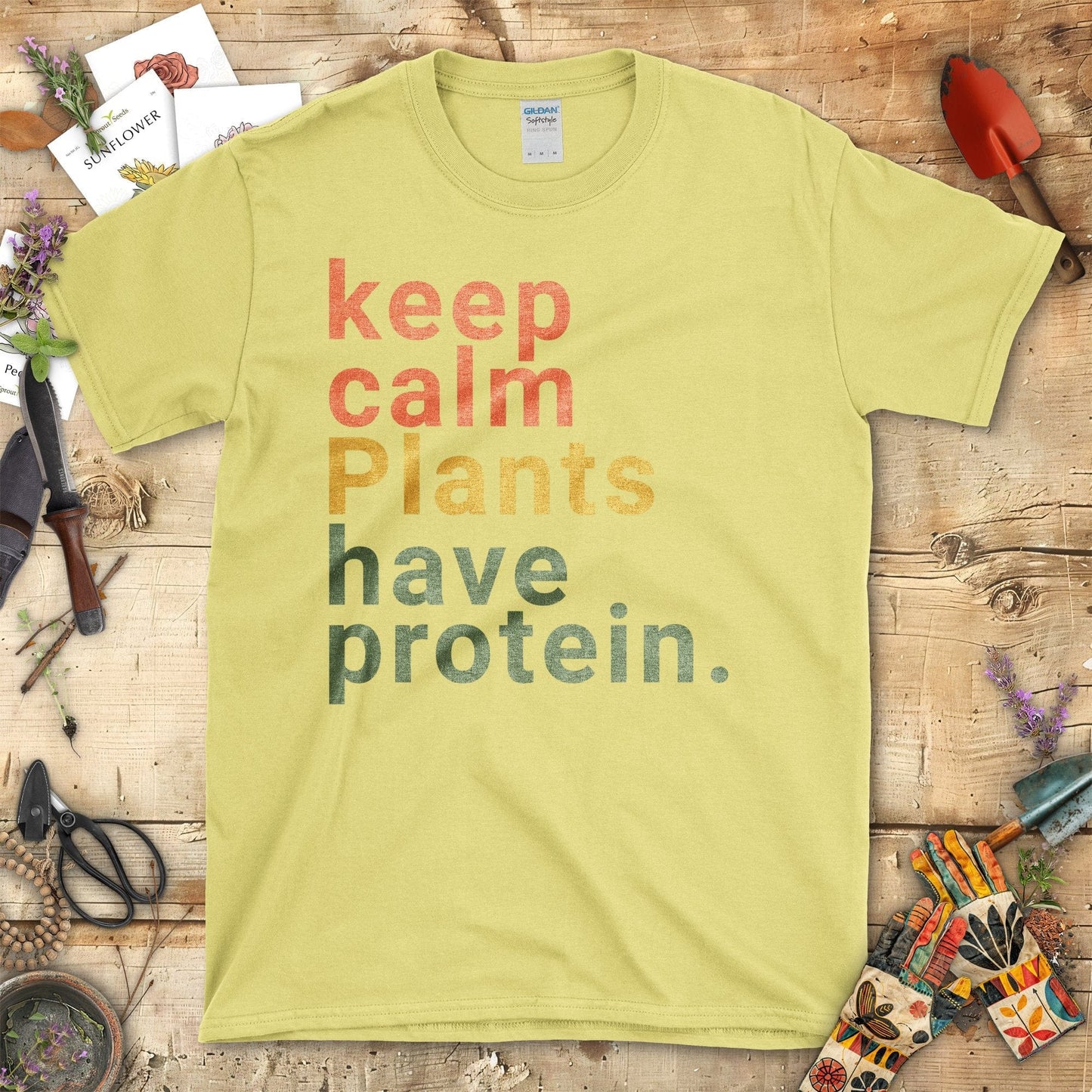 Keep Calm Plants Have Protein Printed T-Shirt Cornsilk / S T-Shirt