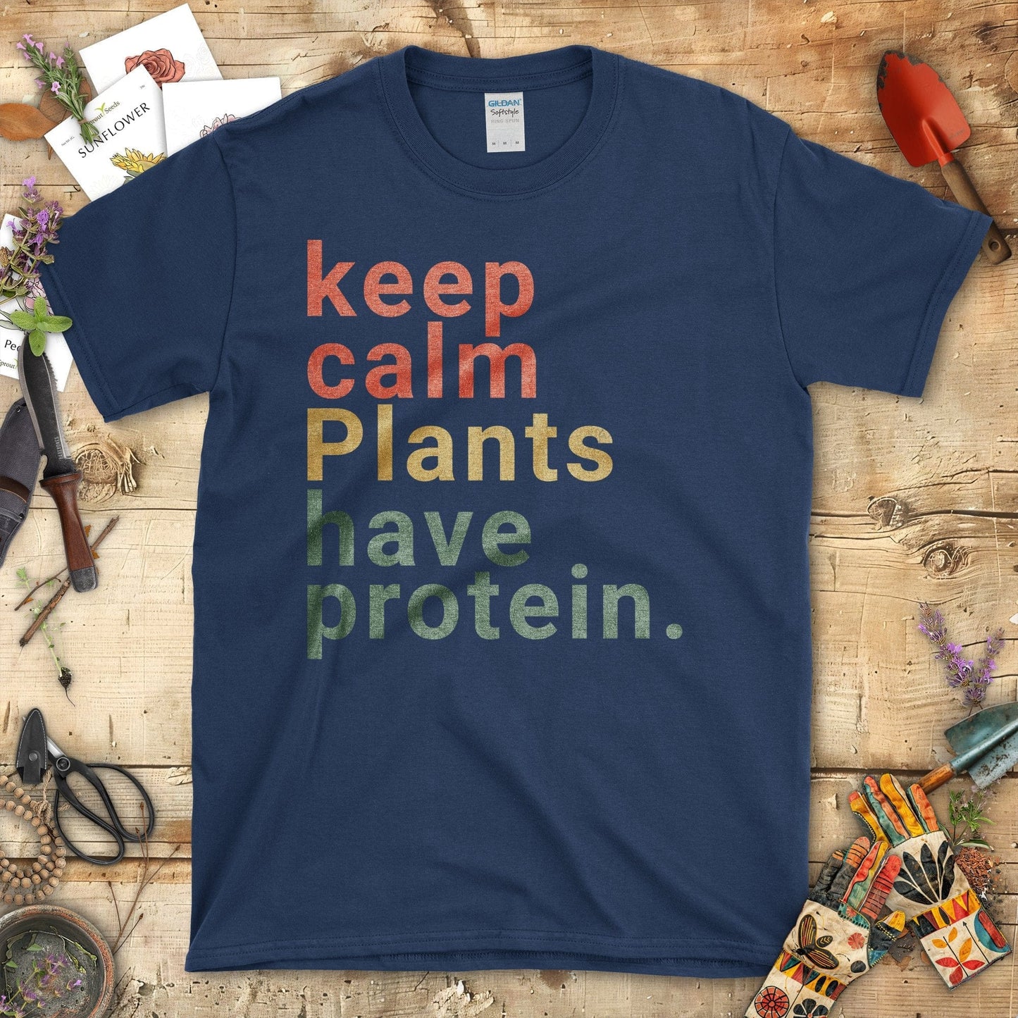 Keep Calm Plants Have Protein Printed T-Shirt Navy / S T-Shirt