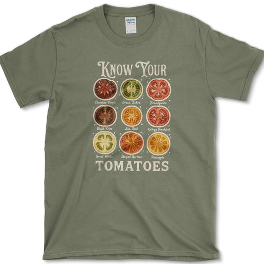 Know Your Tomatoes T-Shirt S / Military Green Essential Tees