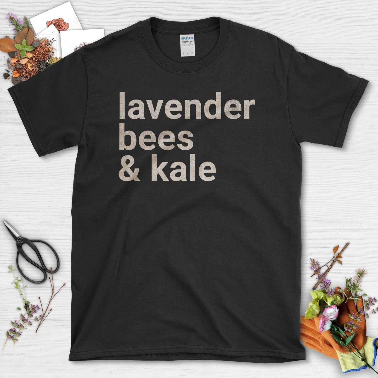 Lavender Bees and Kale Statement Graphic T-Shirt Black / S T-Shirt