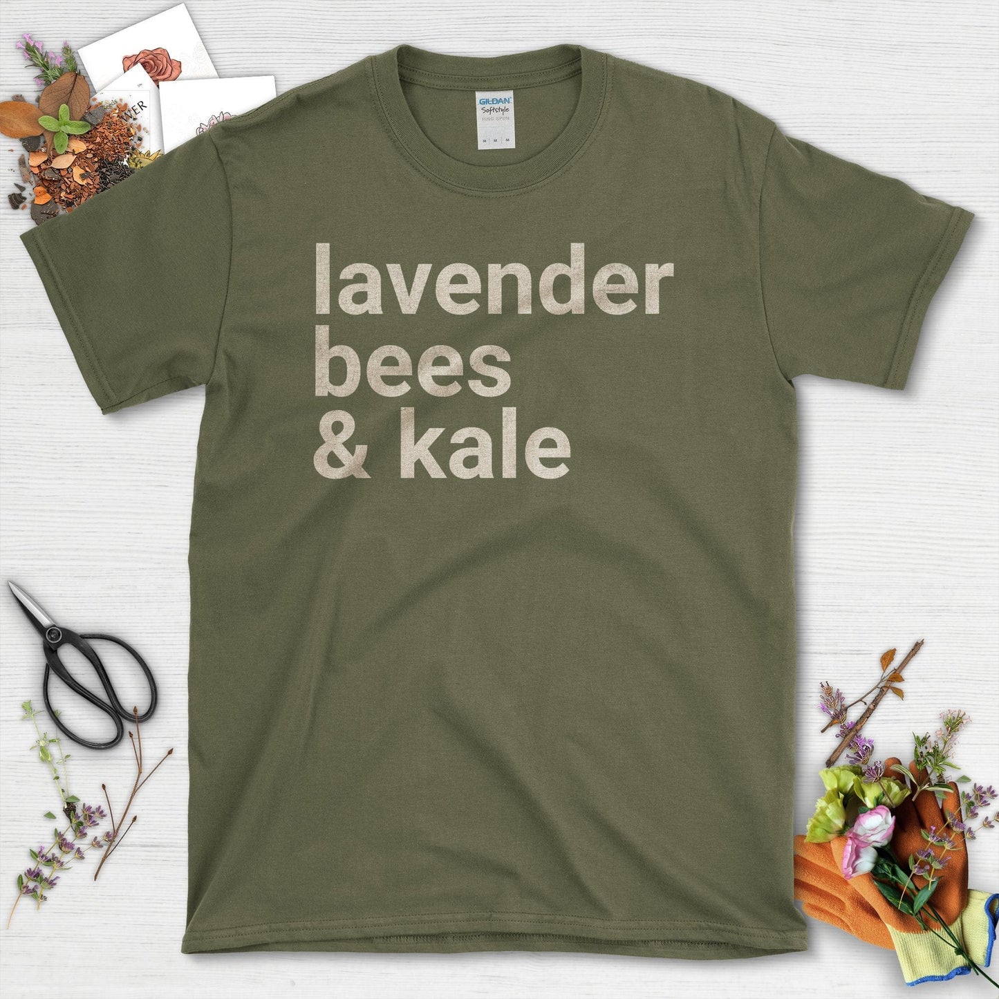 Lavender Bees and Kale Statement Graphic T-Shirt Military Green / S T-Shirt