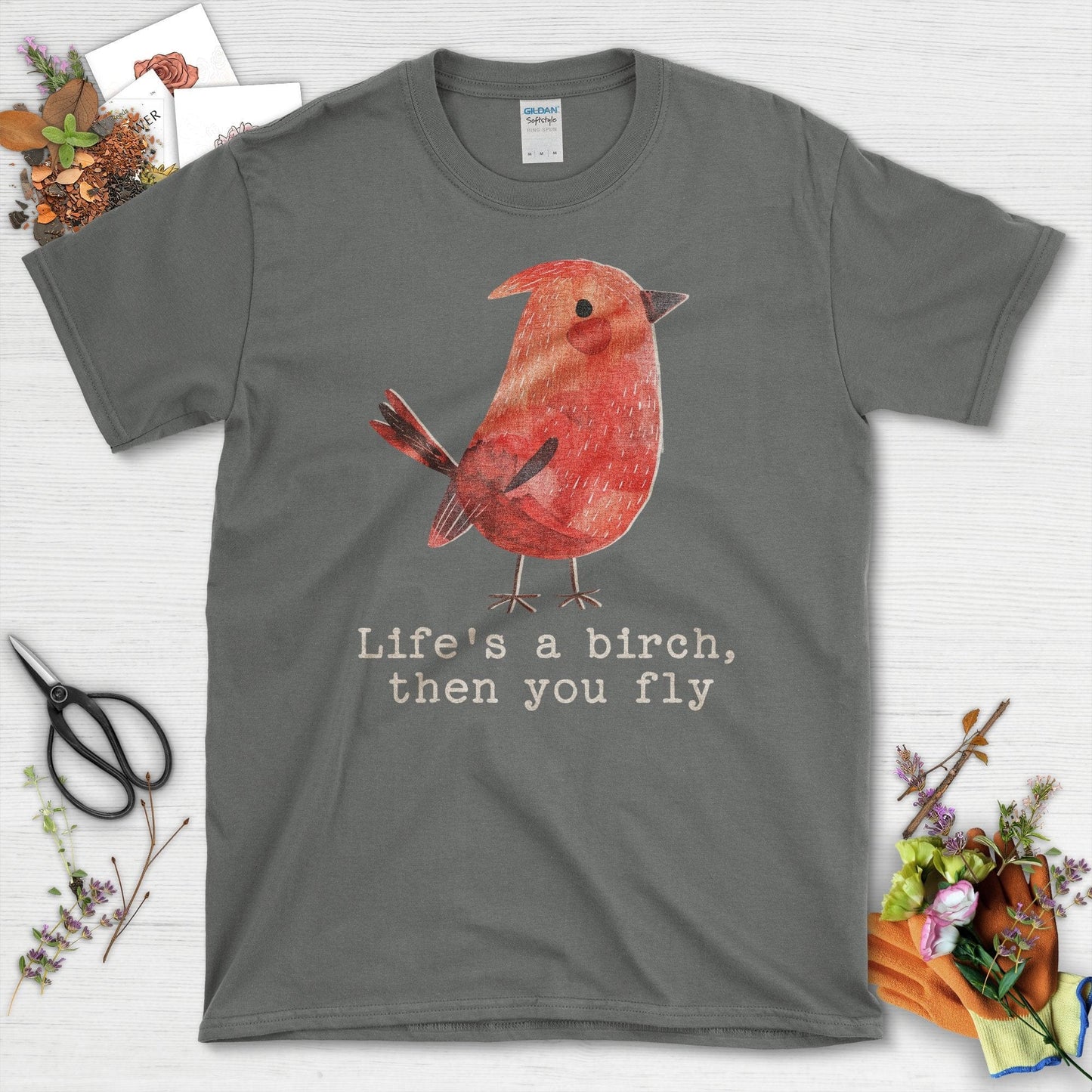 Life's a Birch Then You Fly Graphic Bird T-Shirt Charcoal / S T-Shirt