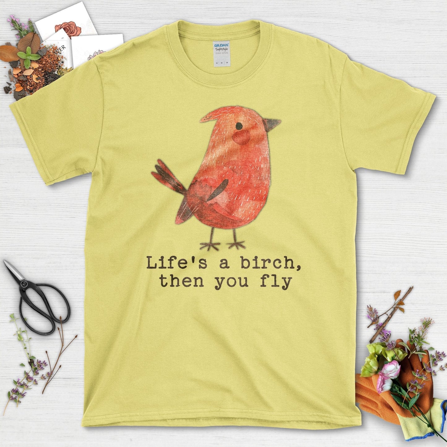 Life's a Birch Then You Fly Graphic Bird T-Shirt Cornsilk / S T-Shirt