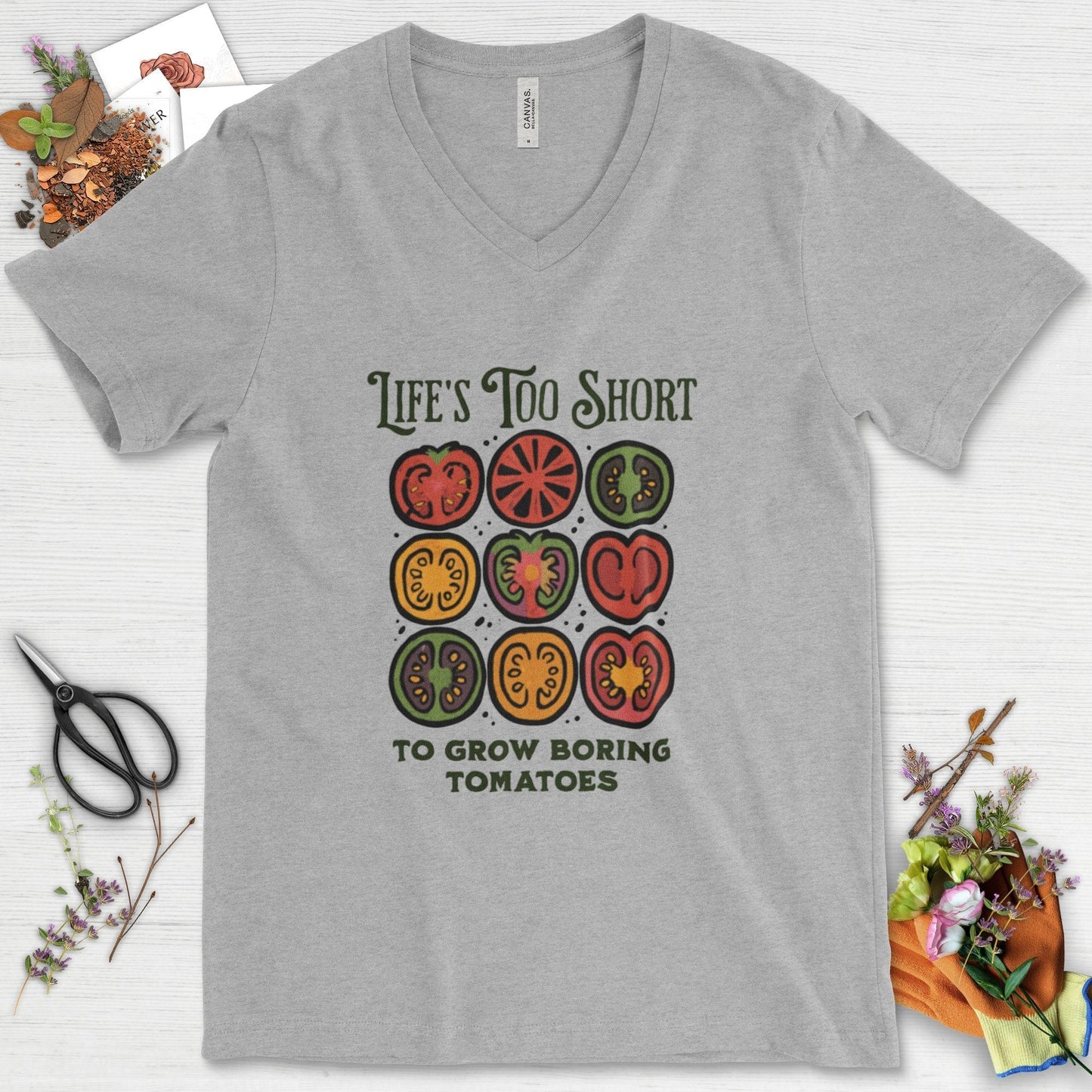 Life's Too Short Tomatoes V-Neck Athletic Heather / S T-Shirt