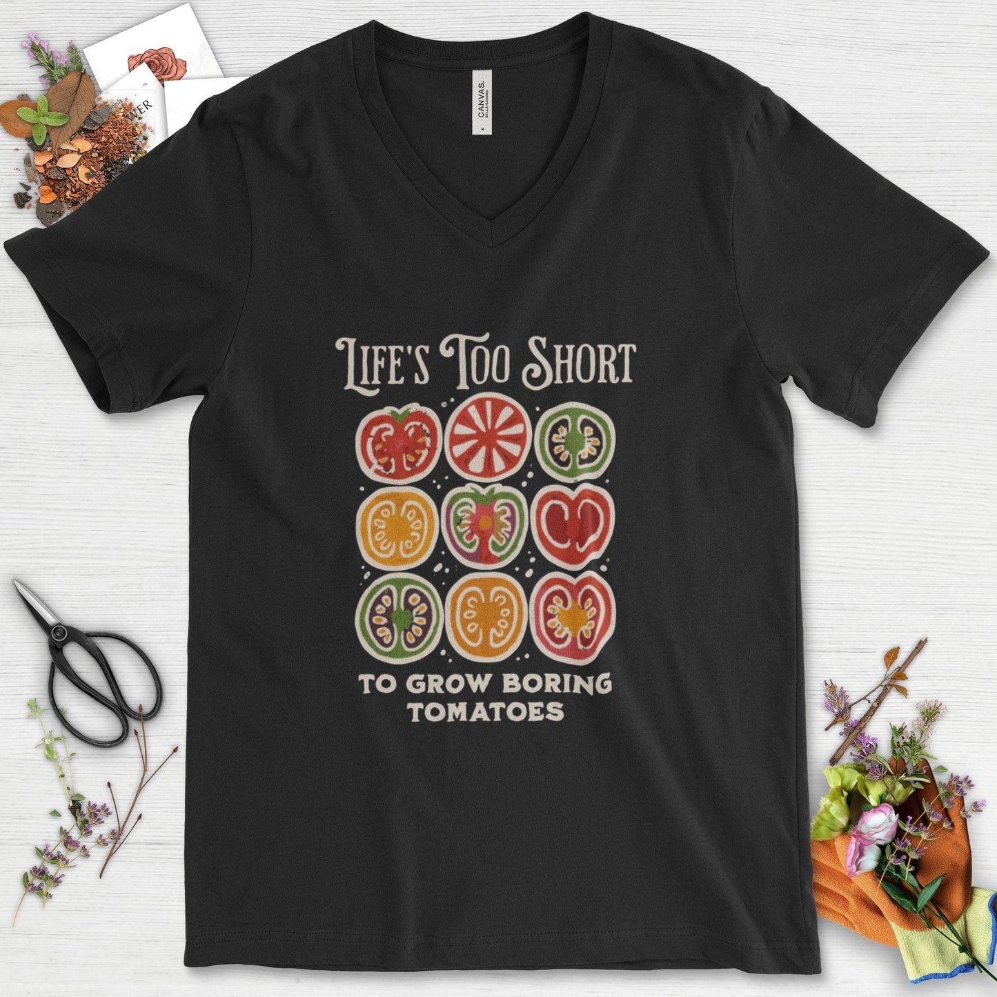 Life's Too Short Tomatoes V-Neck Black / S T-Shirt