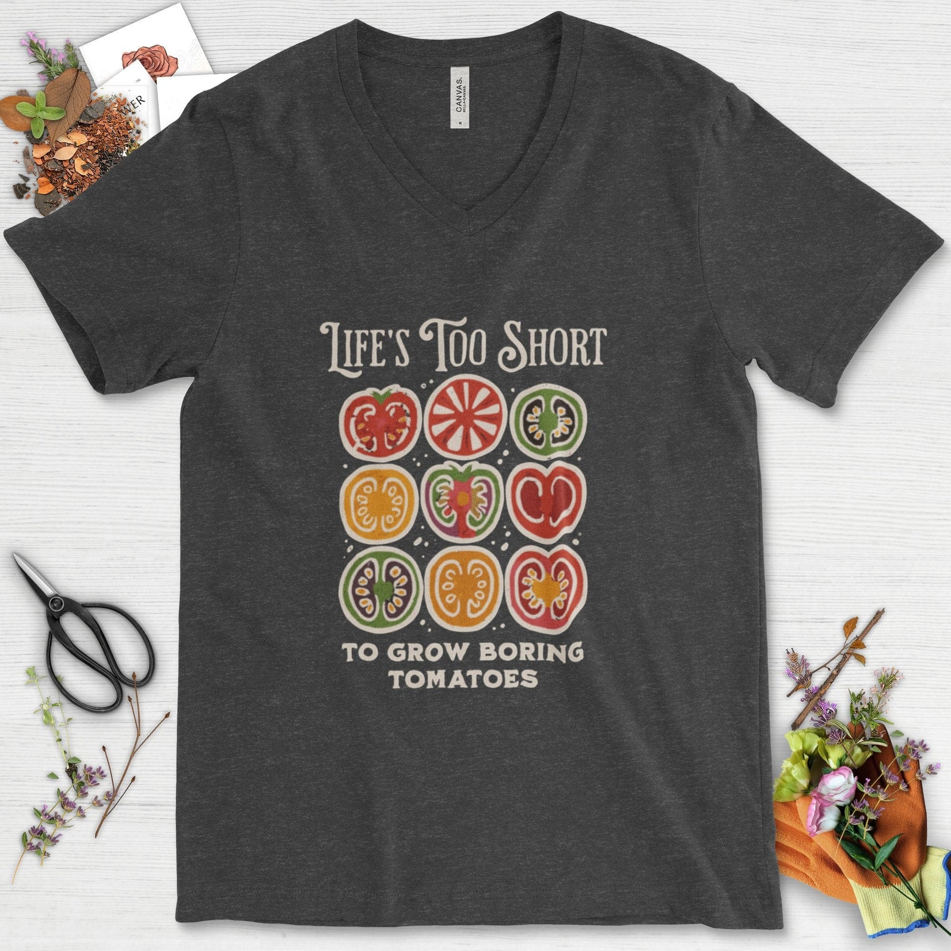 Life's Too Short Tomatoes V-Neck Dark Grey Heather / S T-Shirt