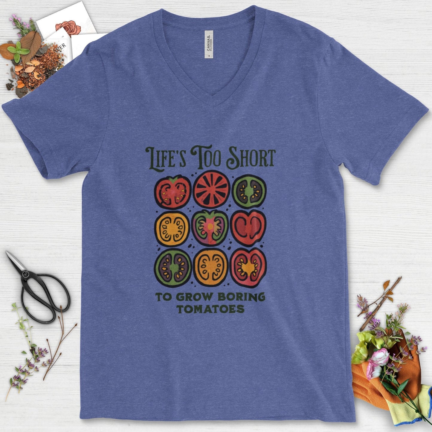 Life's Too Short Tomatoes V-Neck Heather True Royal / S T-Shirt
