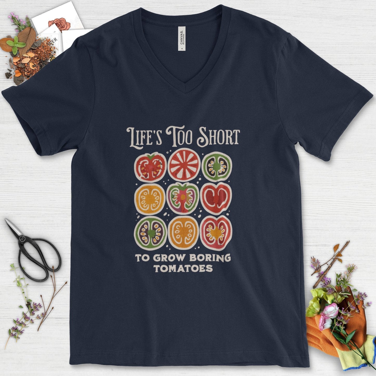 Life's Too Short Tomatoes V-Neck Navy / S T-Shirt