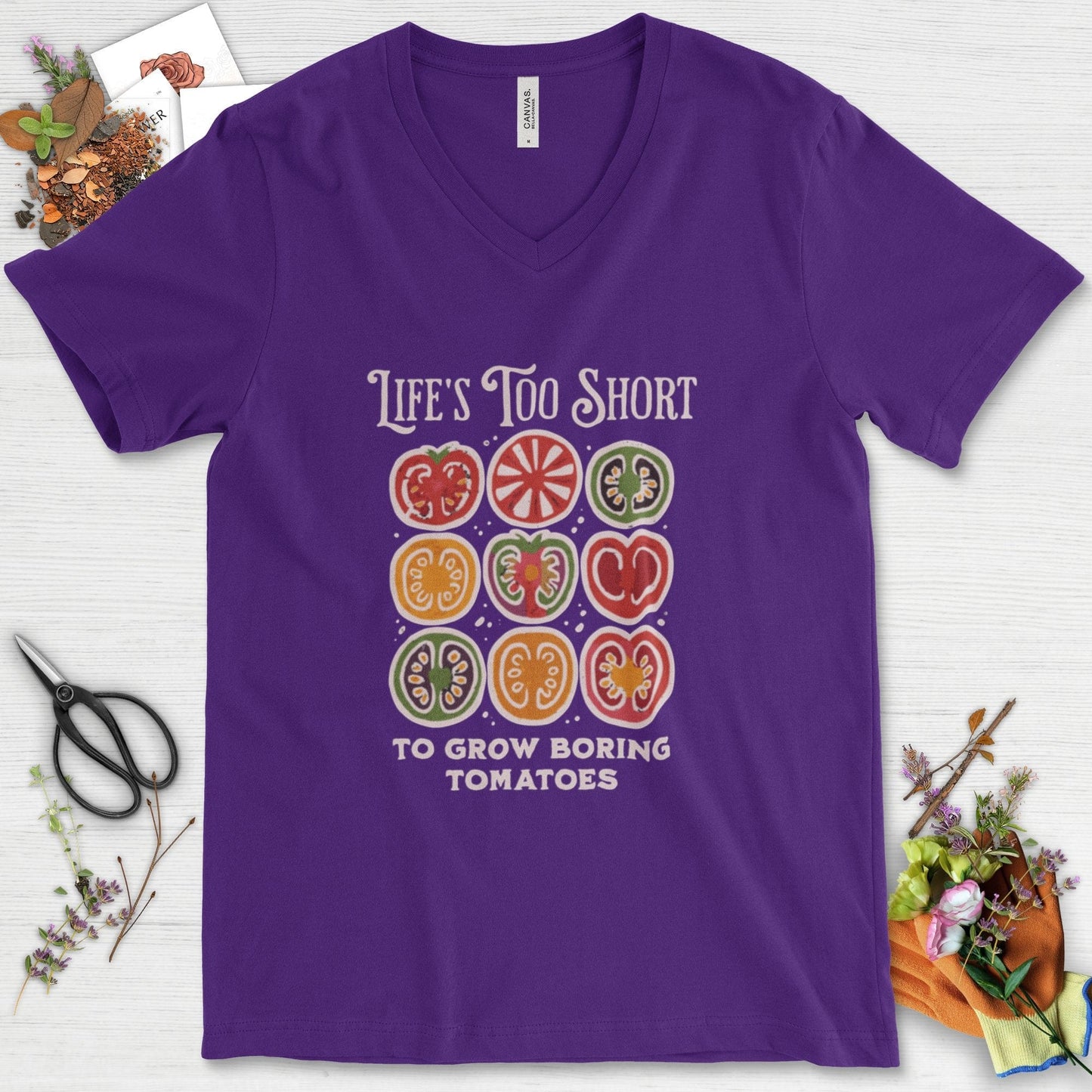 Life's Too Short Tomatoes V-Neck Team Purple / S T-Shirt