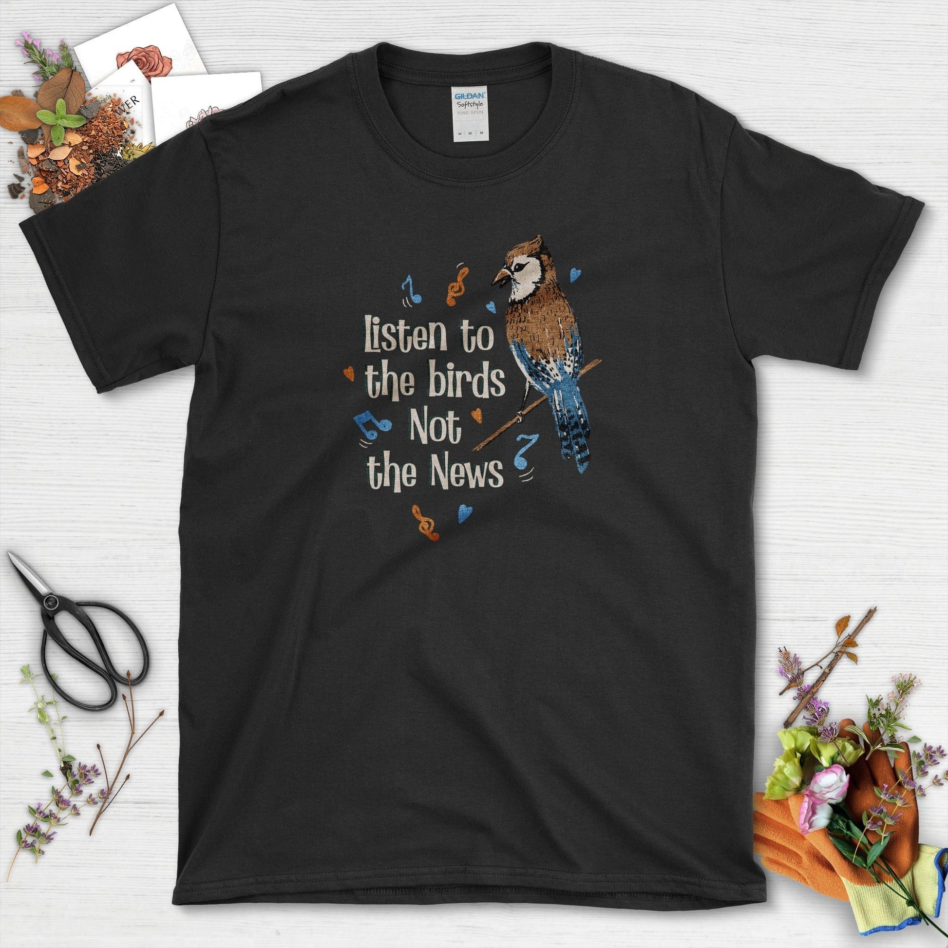 Listen to Birds Not News T-Shirt Black / S Physical Item