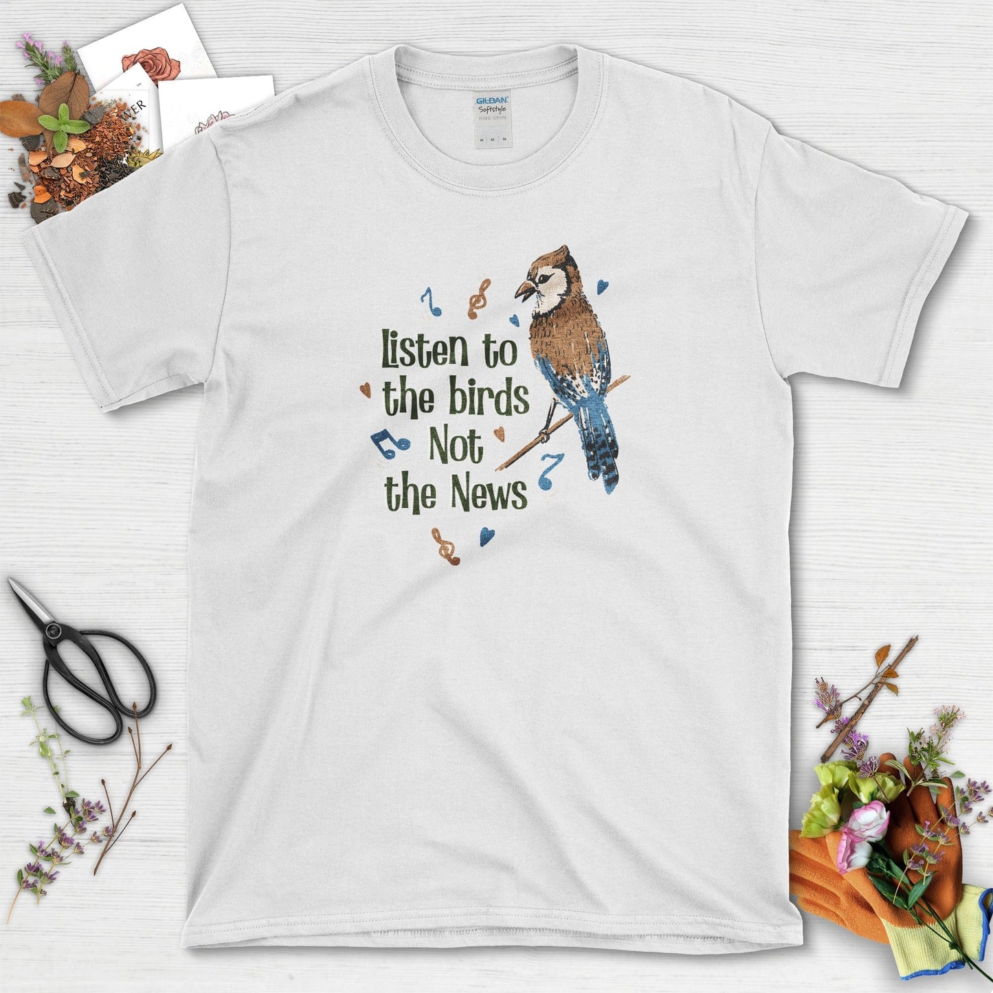 Listen to Birds Not News T-Shirt White / S Physical Item