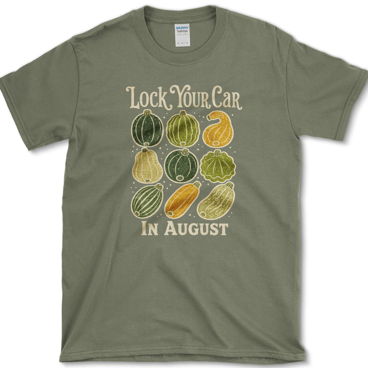 Nine colorful summer squash beneath Lock Your Car in August lettering on a T-shirt