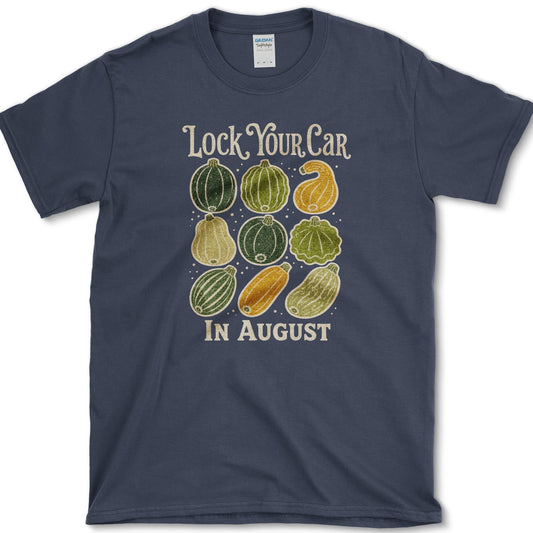 Nine colorful summer squash beneath Lock Your Car in August lettering on a T-shirt