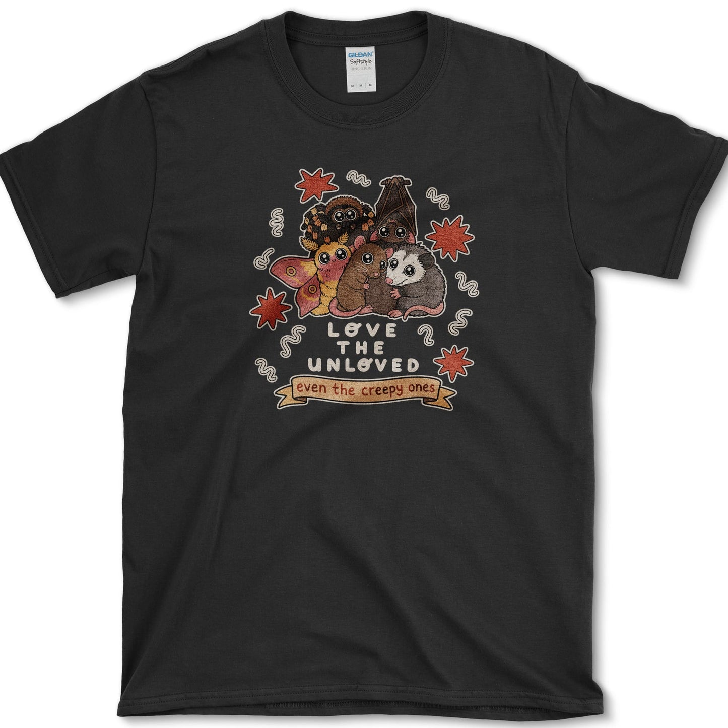 Love The Unloved artwork featuring unloved animals and bat and moth on a t-shirt