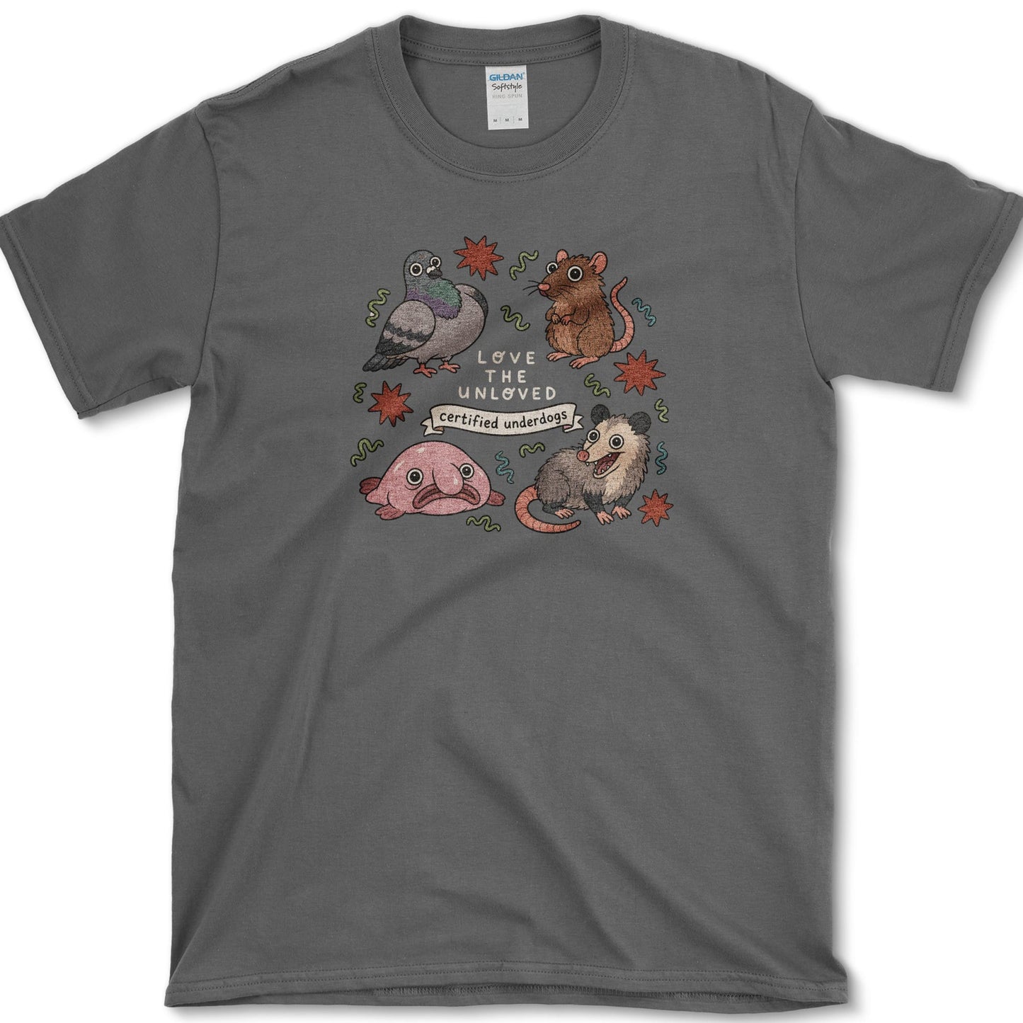 Love The Unloved artwork featuring unloved animals and opossum and pigeon on a t-shirt