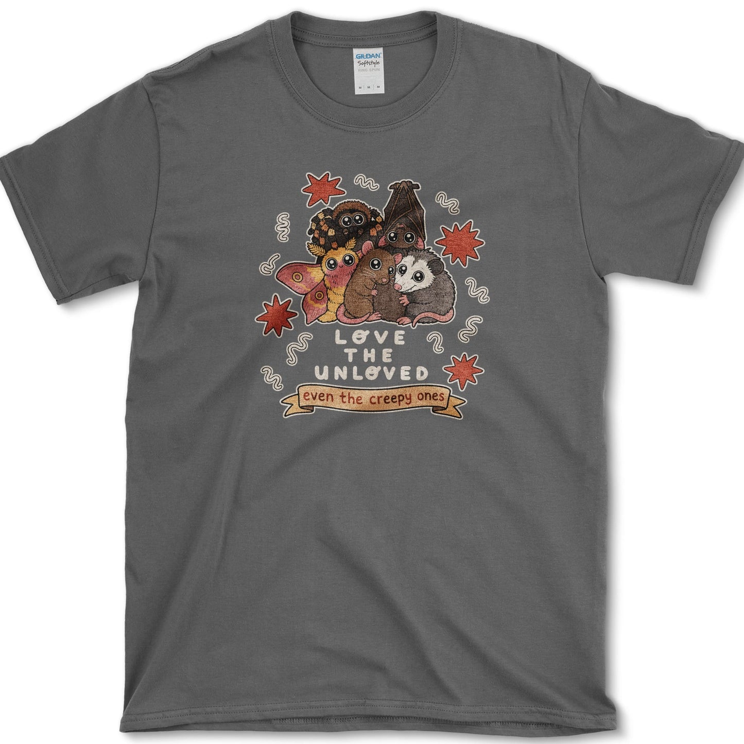 Love The Unloved artwork featuring unloved animals and bat and moth on a t-shirt