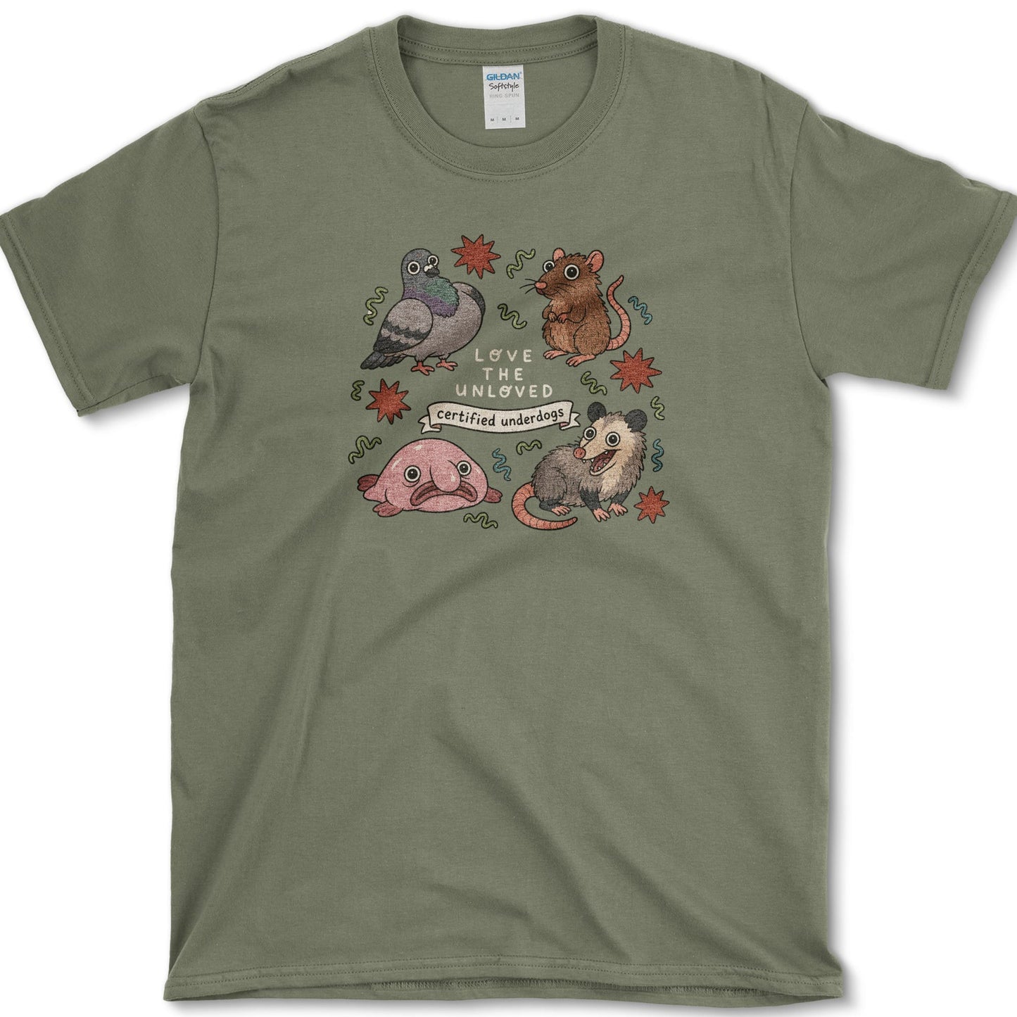 Love The Unloved artwork featuring unloved animals and opossum and pigeon on a t-shirt