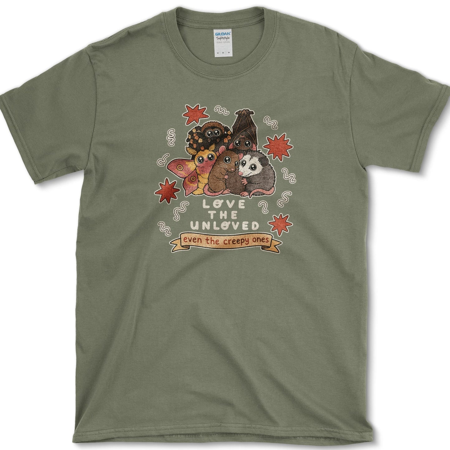 Love The Unloved artwork featuring unloved animals and bat and moth on a t-shirt