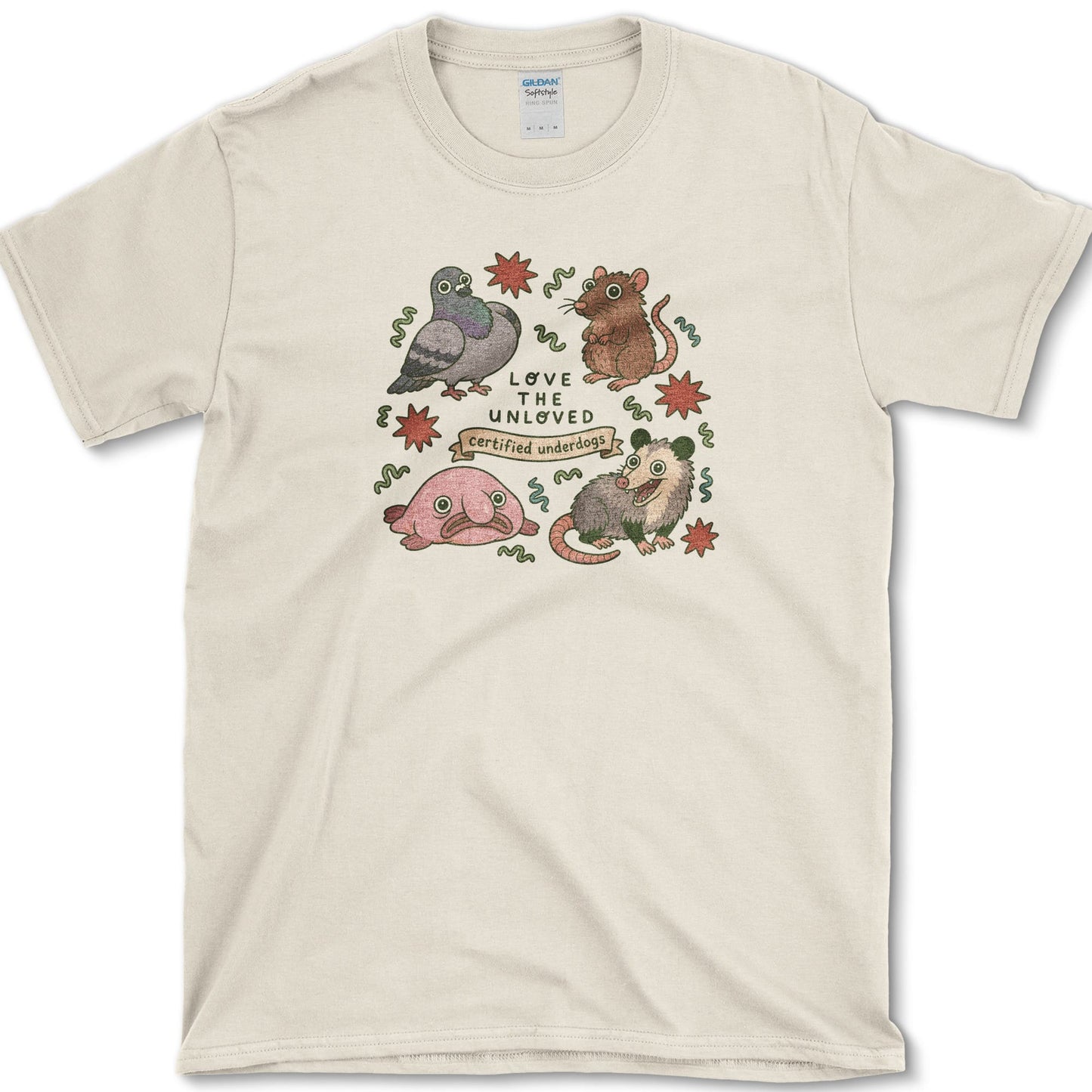 Love The Unloved artwork featuring unloved animals and opossum and pigeon on a t-shirt