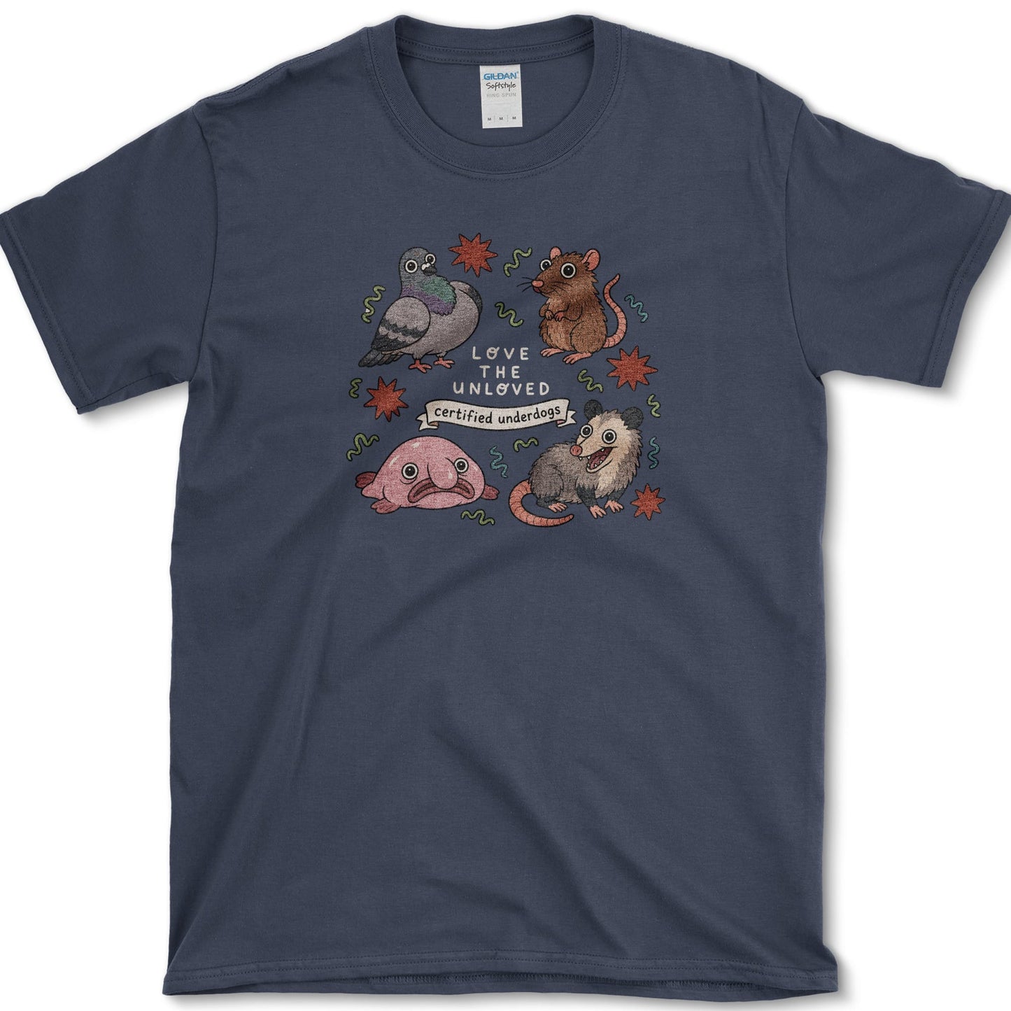 Love The Unloved artwork featuring unloved animals and opossum and pigeon on a t-shirt