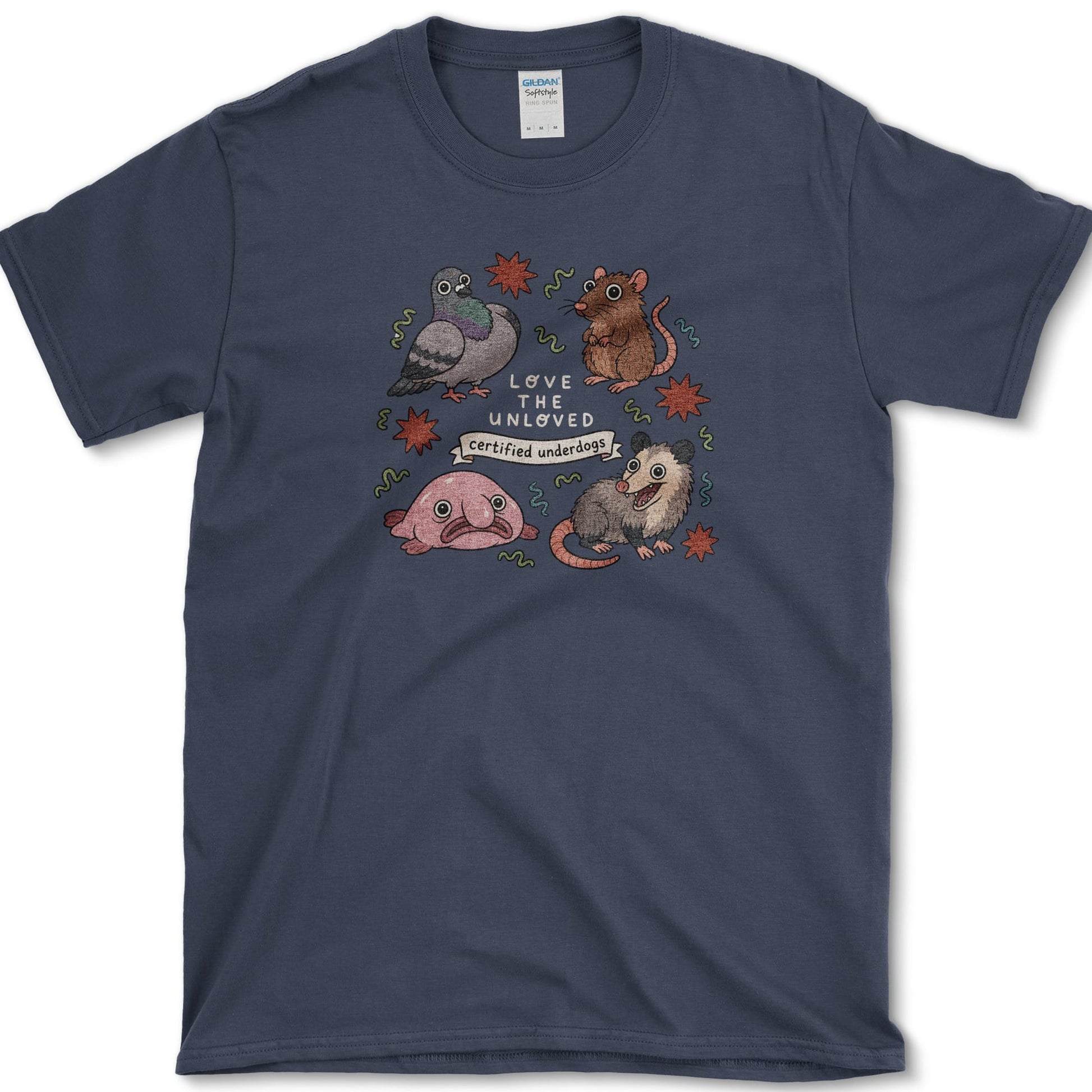 Love The Unloved artwork featuring unloved animals and opossum and pigeon on a t-shirt