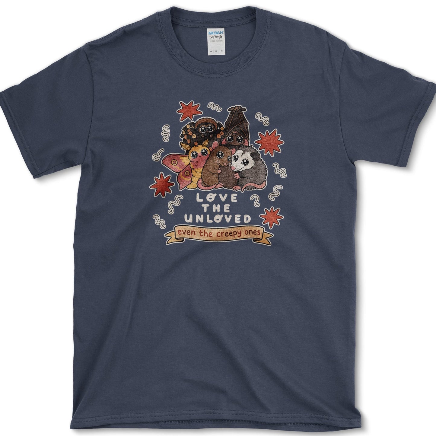 Love The Unloved artwork featuring unloved animals and bat and moth on a t-shirt