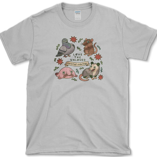 Love The Unloved artwork featuring unloved animals and opossum and pigeon on a t-shirt