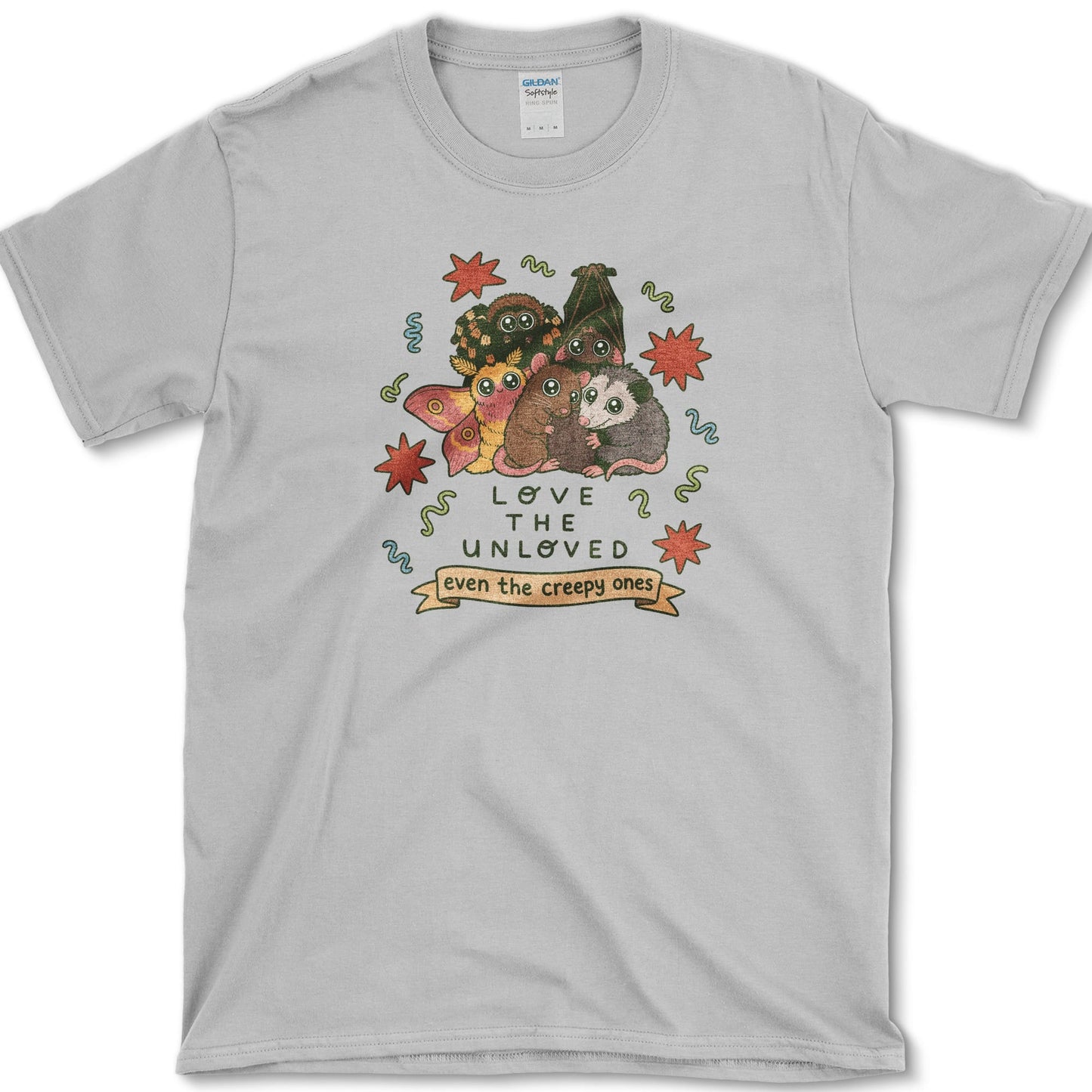 Love The Unloved artwork featuring unloved animals and bat and moth on a t-shirt