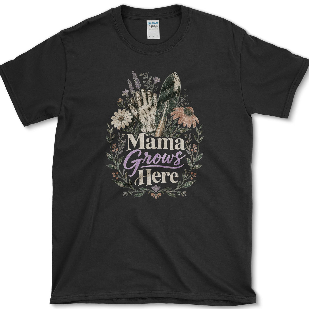 Soil-marked gardening glove and hand trowel among coneflowers, lavender, leafy stems, and Mama Grows Here lettering