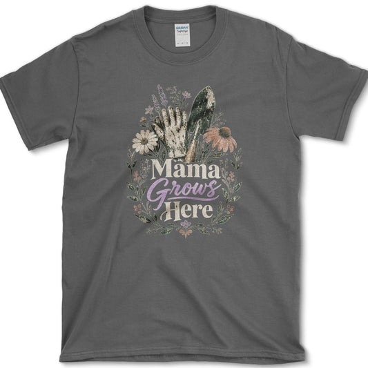 Soil-marked gardening glove and hand trowel among coneflowers, lavender, leafy stems, and Mama Grows Here lettering