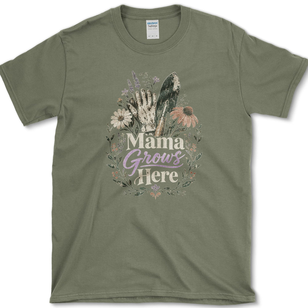 Soil-marked gardening glove and hand trowel among coneflowers, lavender, leafy stems, and Mama Grows Here lettering