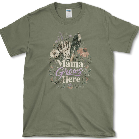 Soil-marked gardening glove and hand trowel among coneflowers, lavender, leafy stems, and Mama Grows Here lettering
