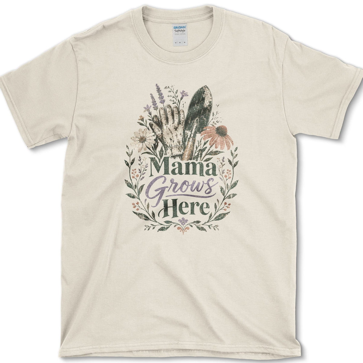 Soil-marked gardening glove and hand trowel among coneflowers, lavender, leafy stems, and Mama Grows Here lettering