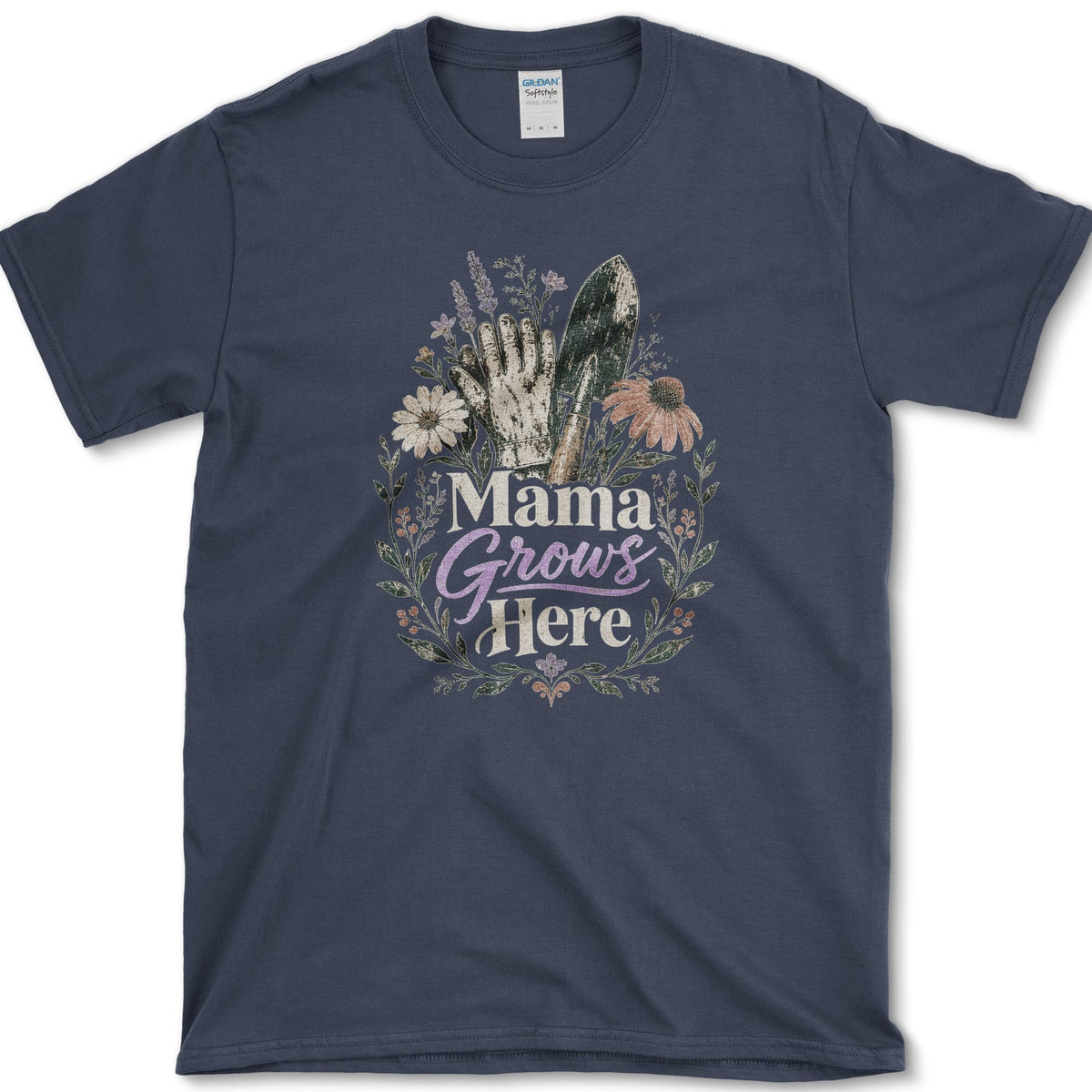 Soil-marked gardening glove and hand trowel among coneflowers, lavender, leafy stems, and Mama Grows Here lettering
