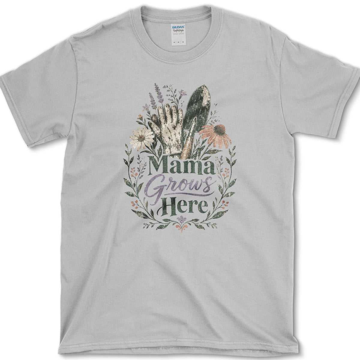 Soil-marked gardening glove and hand trowel among coneflowers, lavender, leafy stems, and Mama Grows Here lettering