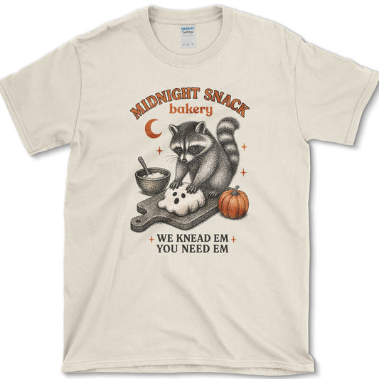 Midnight Snack Bakery artwork featuring baking raccoon and raccoon and pumpkin on a t-shirt