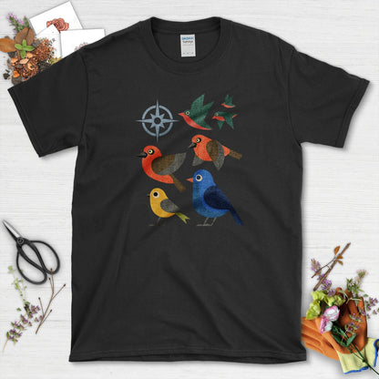 Migration Station Geometric Birds T-Shirt T-Shirts / S / Black Physical Item