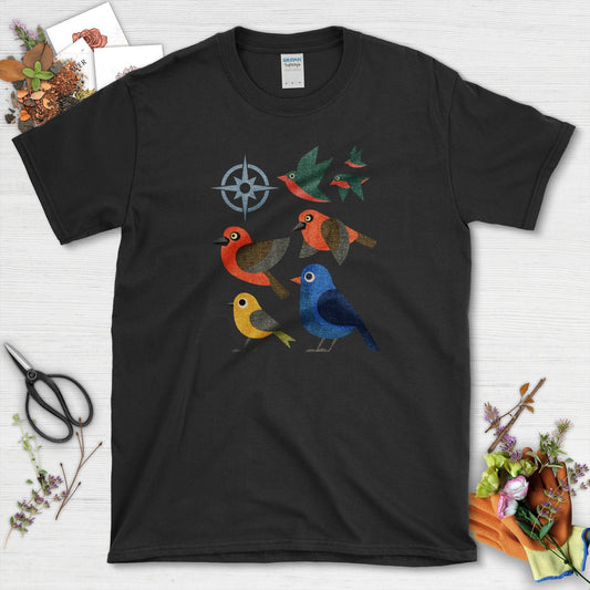 Migration Station Geometric Birds T-Shirt T-Shirts / S / Black Physical Item