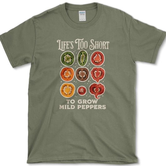 Nine colorful hot pepper slices beneath Life's Too Short to Grow Mild Peppers lettering