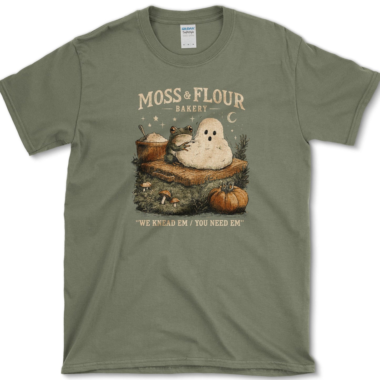 Moss Flour Bakery artwork featuring moss and woodland bakery on a t-shirt