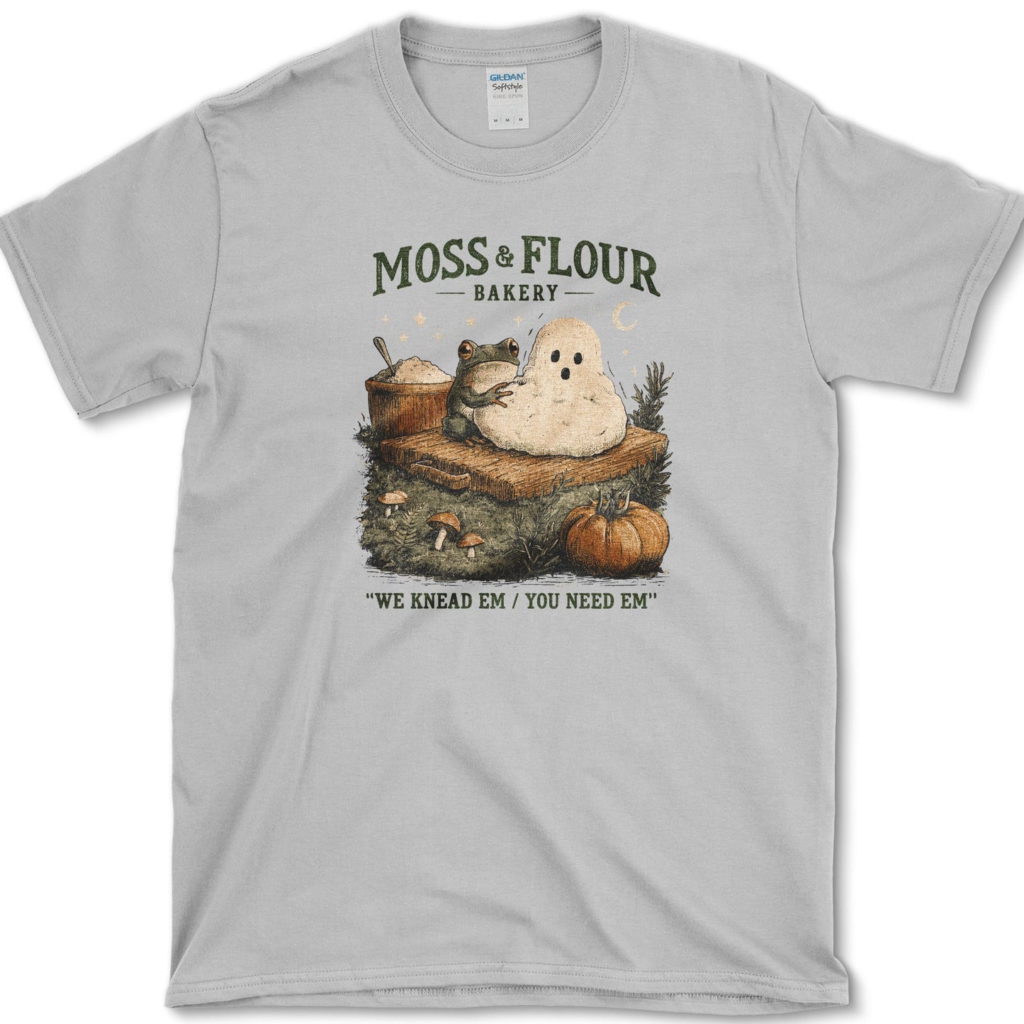Moss Flour Bakery artwork featuring moss and woodland bakery on a t-shirt