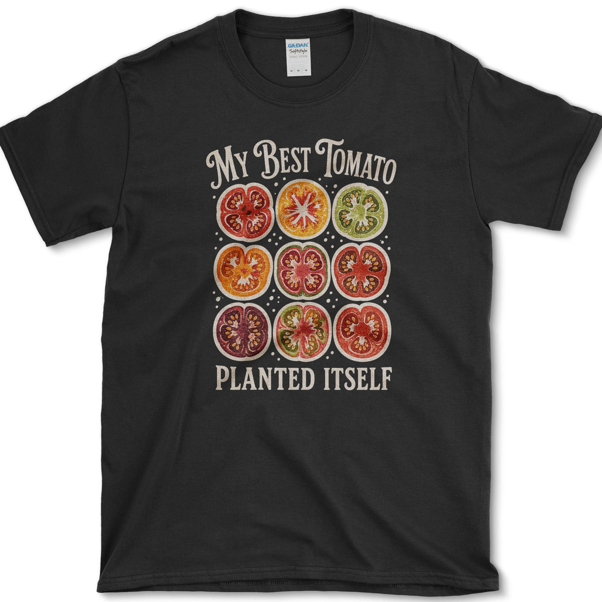 Nine colorful heirloom tomato cross-sections between My Best Tomato and Planted Itself lettering