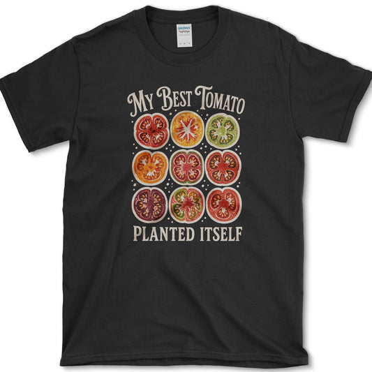Nine colorful heirloom tomato cross-sections between My Best Tomato and Planted Itself lettering